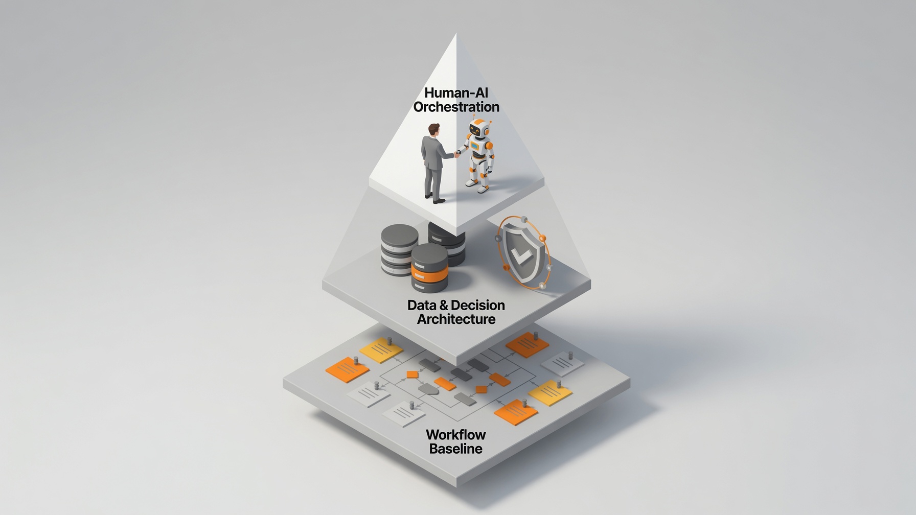 A three-layer pyramid diagram. Base layer: "Workflow Baseline" with icons of process maps and sticky notes. Middle layer: "Data & Decision Architecture" with icons of databases and shield/governance symbols. Top layer: "Human-AI Orchestration" with icons of a human and robot shaking hands. Clean isometric illustration style.